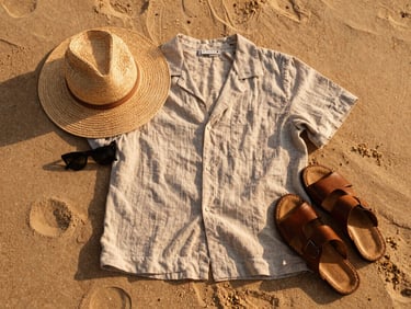 Flatlay of elegant linen clothing, straw hat, sunglasses, and leather sandals on a warm sand surface