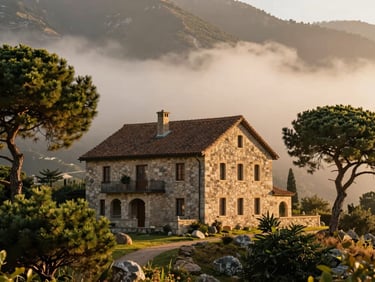 Historic stone house in the mountains, soft mist, green pine trees, warm afternoon sun