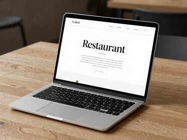 A sleek laptop mockup showing a modern, minimalist restaurant website with high-contrast serif headers, placed on a light oak table