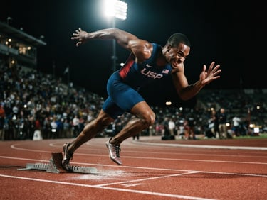 Dynamic low angle of a sprinter exploding from starting blocks under sharp stadium floodlights, high contrast, 35mm lens, editorial sports photography style.