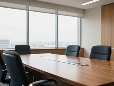 A professional academic boardroom in Mexico with clean lines and a large window, soft daylight, 35mm photography