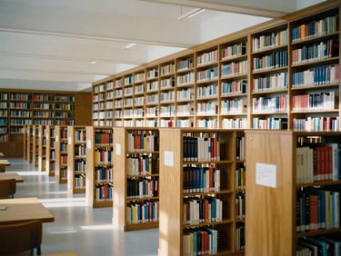 An elegant university library interior with rows of books and quiet study spaces, soft daylight, 35mm photography