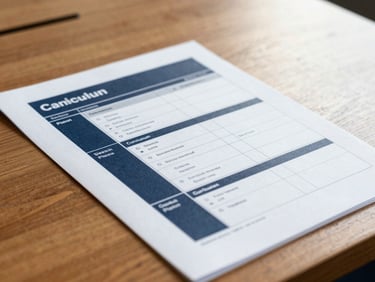 Close-up of a structured curriculum plan document on a wooden boardroom table, soft natural daylight, 35mm photography
