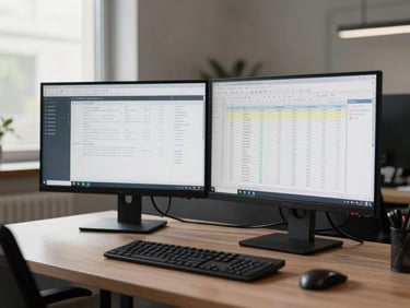 Wide shot of a two-monitor desk setup during active work — analytics dashboard visible on left screen, spreadsheet with highlighted rows on right screen, neutral office lighting from a large window to the left, no person visible, focus on the screens and keyboard mid-task