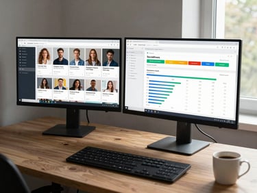 Wide shot of a desk with two monitors, one showing a social media analytics panel with engagement-to-click ratios highlighted, natural window light from the right, keyboard and coffee cup in peripheral frame