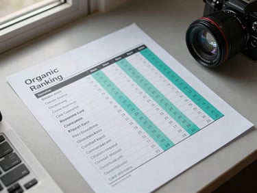 Overhead flat-lay of printed organic search ranking report, rows of keywords with position numbers highlighted in teal marker, matte desk surface, natural window light from the left