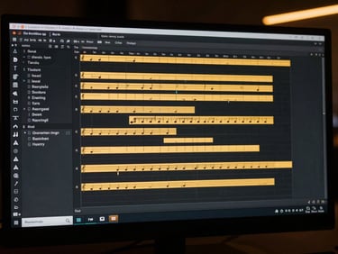 Wide screenshot of a complex Wwise session with nested music segments and transition matrices, glowing amber interface on a dark screen, technical precision