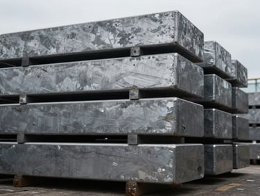 Macro shot of industrial raw copper cathodes stacked in an overcast shipyard, cool steel tones, 35mm lens