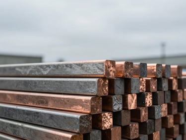Macro close-up of copper cathodes stacked in a shipping yard, cool overcast daylight, desaturated steel and slate tones, 35mm lens.