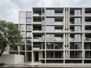 Minimalist high-end residential building facade in Polanco, Mexico City, soft overcast daylight, clean concrete and glass lines, architectural photography