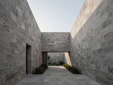 Architectural house in San Ángel, stone walls, interior garden, soft morning light, minimalist design, 35mm