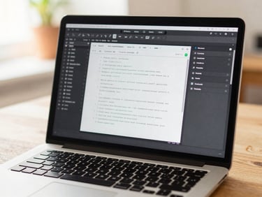 Close-up of a laptop screen displaying a modern text editor and freelance workspace, warm natural light, shallow depth of field.