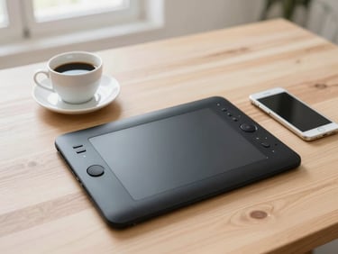 A clean flat-lay of a digital drawing tablet, a coffee cup, and a smartphone on a light wooden desk, soft morning daylight.