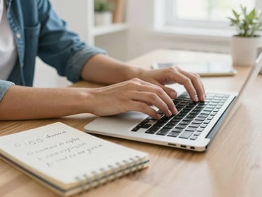Hands typing on a sleek keyboard next to a notebook with handwritten goals, bright and airy Greek home office setting.