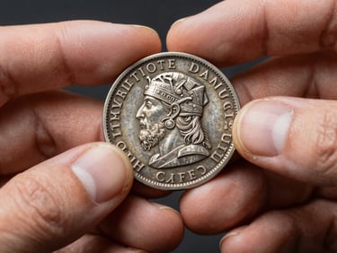 Extreme close-up of hands holding a silver medieval coin, showing the detailed engraving and natural metallic patina under focused studio light.