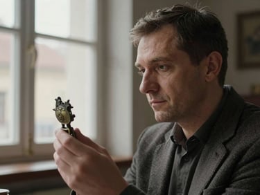 Candid portrait of Vladimir Sofronie in Brașov, looking thoughtfully at a small historical artifact in his hand, natural soft window light, quiet atmosphere.