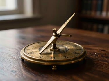An abstract representation of time, a brass sundial on a dark wooden table, warm low-key lighting, shallow depth of field.