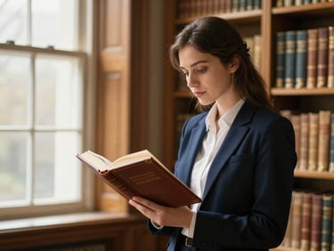 A focused individual reading a leather-bound volume in a warm-lit historic archive, soft golden accents, editorial style.