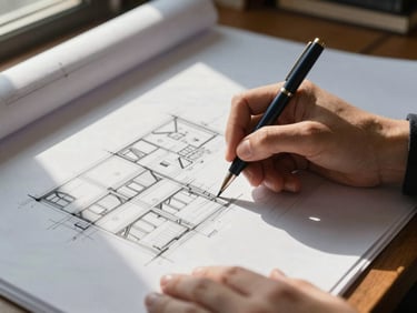 Close-up of hands sketching architectural blueprints on heavy parchment paper, warm directional library daylight, deep navy shadows.