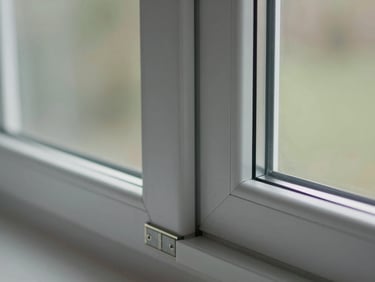 Detail of finished aluminium frame corner joint and glass panel in a UP residential window, natural daylight, close framing showing material precision