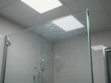 Freshly installed clear tempered glass panel in a bathroom, overhead natural light, clean silicon bead visible at edge, documentary close framing