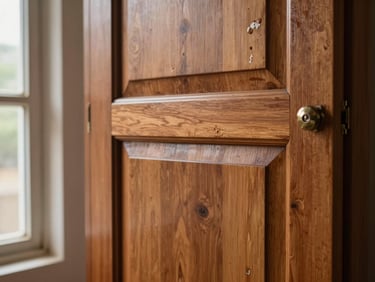 Close-up of repaired and refinished wooden cabinet door in a Kanpur home, fresh lacquer on teak surface, natural daylight from window to the left
