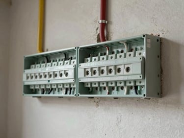Electrical conduit and modular switchboard installation on a bare wall, neat wire routing visible, natural daylight, overhead close framing, documentary style