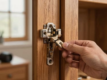 Wooden cabinet door hinge repair on a teak-finish wardrobe, close-up of hand fitting the hinge, warm natural window light, documentary framing