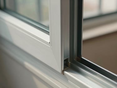 Close-up of aluminium window frame corner joint, natural daylight, sharp joinery detail, raw aluminium surface finish, documentary framing