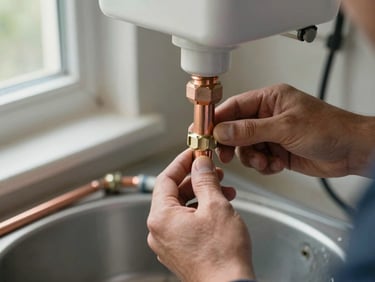 Under-sink plumbing repair in progress, copper and CPVC pipe joints visible, hands tightening a fitting, natural window light from the left, documentary angle