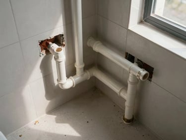 Overhead shot of completed bathroom plumbing installation in a UP apartment — pipes, fittings, and tiled wall visible under natural window light, no people