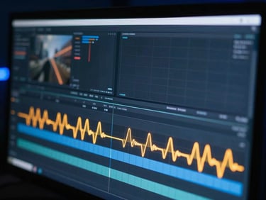 Close-up of a video editing timeline on a glowing monitor with neon amber wave forms, moody studio lighting.