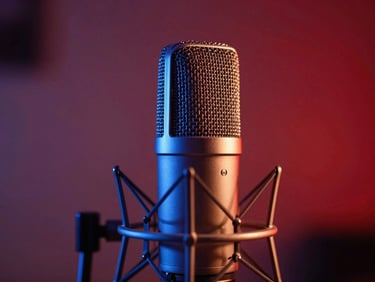Tight macro shot of a professional studio microphone under moody red and blue studio lighting, shallow depth of field.