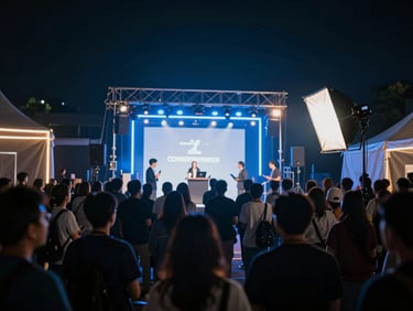 Wide environmental shot of an active film set at a corporate festival with dramatic blue backlighting, cinematic photography.