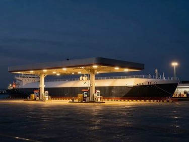 A high-contrast wide shot of a modern fuel terminal at dusk, industrial harbor lights, a tanker docked alongside, cool-toned deep navy atmosphere with gold highlights