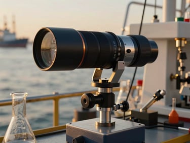Close-up of professional fuel testing equipment and glass flasks in a marine laboratory, sharp anamorphic lens