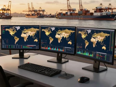 Professional trading desk with multi-monitor setups displaying complex global shipping maps and market charts