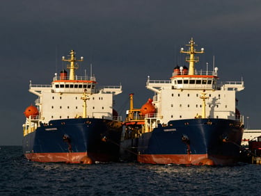Two large commercial vessels performing ship-to-ship bunkering operations at sea, dramatic lighting