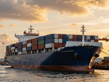 Massive container ship docked at a modern fuel terminal under dramatic golden hour sky