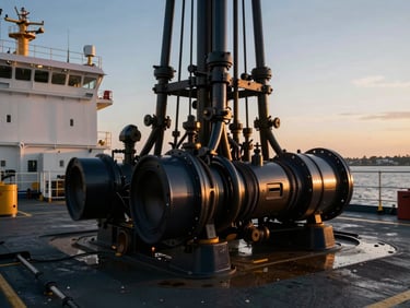 Tight macro shot of heavy machinery and bunkering manifolds on a vessel deck, low-key dramatic lighting