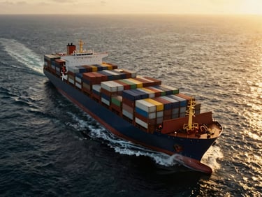 Dramatic wide aerial shot of a massive container ship navigating deep ocean waters at golden hour, high-contrast industrial realism