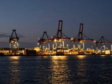 Industrial port terminal at dusk with high-contrast harbor lights reflecting on deep ocean water