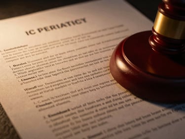 Close-up of a legal contract with a pen, showing clear terms, on a dark, textured surface, low-key warm golden lighting, deep charcoal and rich red tones, shallow depth of field, 50mm lens