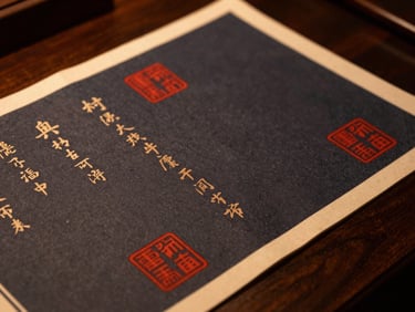 Close-up of traditional Chinese legal documents with red seal stamps, on a dark wooden desk, low-key warm golden lighting, deep charcoal and rich red tones, shallow depth of field, 50mm lens