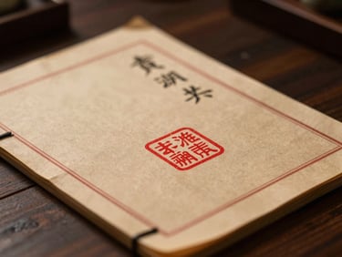 Close-up of traditional Chinese legal documents with a prominent red seal, dramatic side lighting, on a dark wooden desk, shallow depth of field, 50mm lens