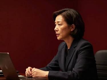 Professional portrait of Lawyer Tse Pui Shan engaged in a focused conversation, side profile, in a sophisticated dark office, low-key warm golden lighting, deep charcoal and rich red tones, shallow depth of field, 50mm lens