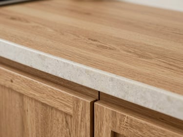 Close-up of a kitchen countertop, oak wood meeting travertine stone with a precise rectified joint, clean architectural detail.