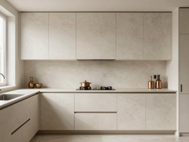 Straight-on architectural elevation of a minimalist kitchen, travertine cream cabinets, brushed bronze fixtures, natural soft light from a side window, immaculate and clean.