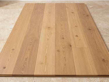 Straight-on view of premium wide-plank oak flooring transitioning perfectly flush to a light stone floor, natural lighting.