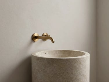 Immaculate minimalist bathroom, matte stone basin, brushed bronze wall-mounted faucet, soft side-lighting on textured plaster wall.